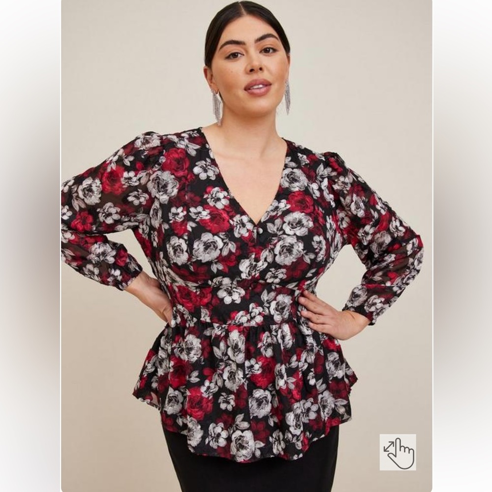 Torrid Peplum Chiffon Clip Floral Blouson Sleeve Top 2 xxl 18/20 - Sold Out!